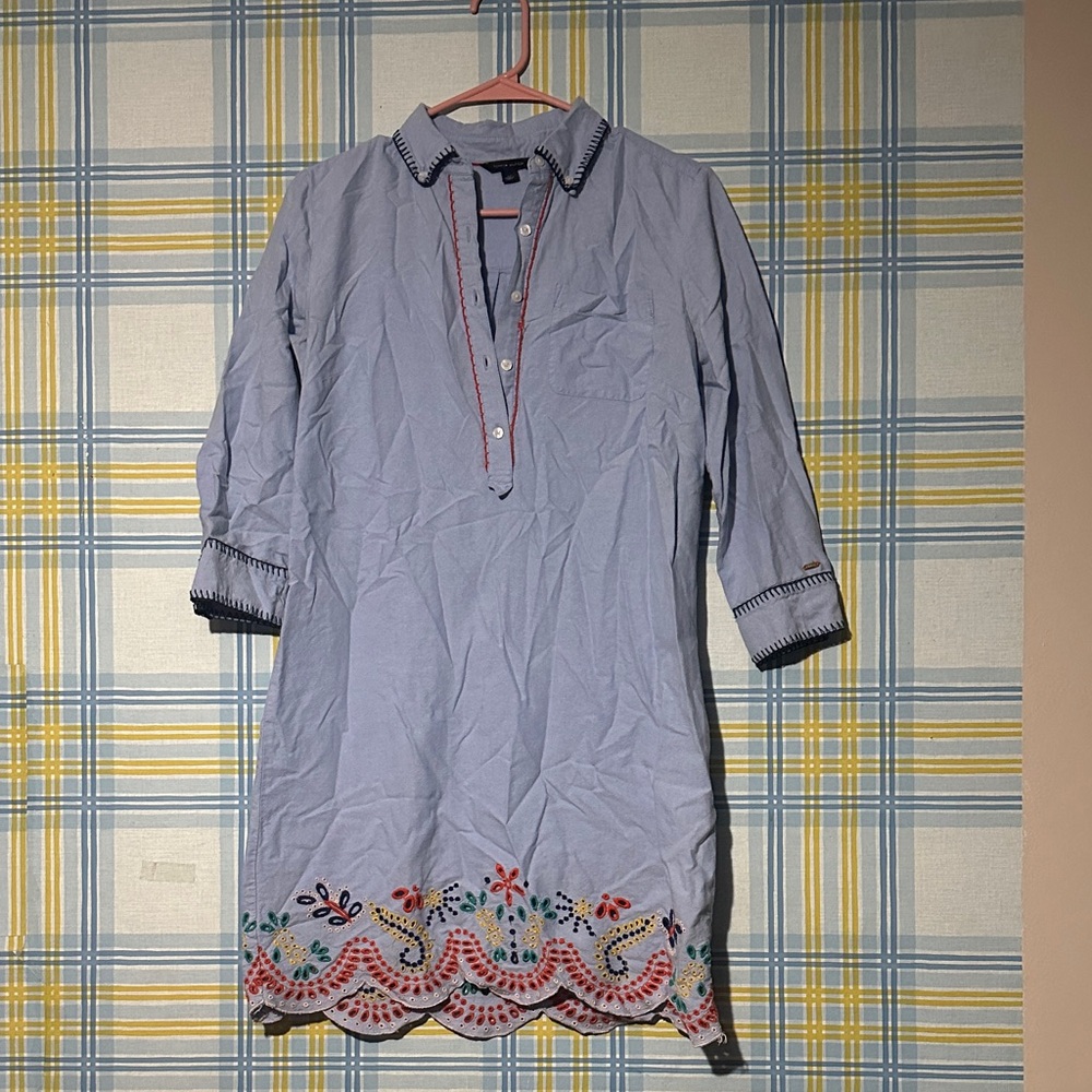 Light Blue Embroidered Cotton Tunic Shirt - Men
